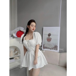 Đầm váy nữ công chúa cổ vuông tay ngắn phồng ôm eo dáng xòe hở lưng cực dễ thương cho các nàng đi chơi Valentine