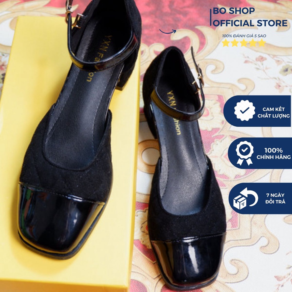 Giày búp bê nữ 4 cm mũi tròn gót vuông dây quai cài mũi mạ bóng đế chống trơn trượt BO SHOP