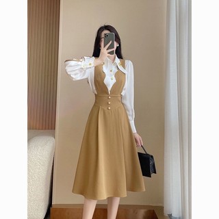 Sét yếm và áo sơ mi màu nâu vàng chân váy dáng dài