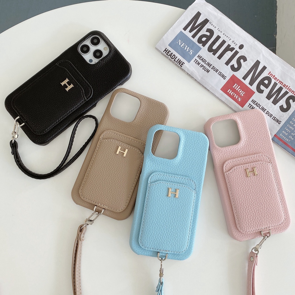 Ốp Điện Thoại Da Cao Cấp Có Ngăn Đựng Thẻ Và Dây Đeo Chống Rơi Cho iPhone 14 13 12 11 Pro Max XsMax XR X Xs 14promax
