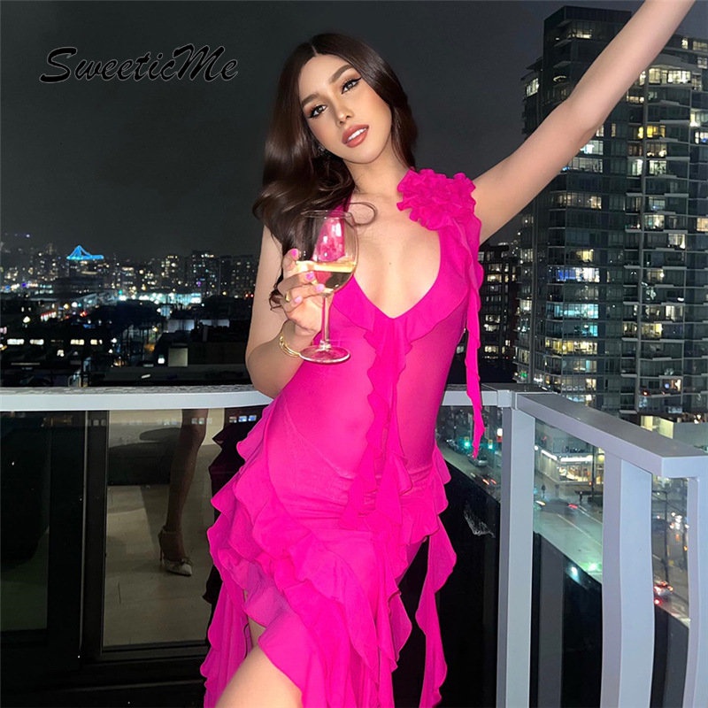 Đầm Sát Nách Cổ Chữ V Màu Trơn Phối Lưới Thời Trang 2023 Cho Nữ