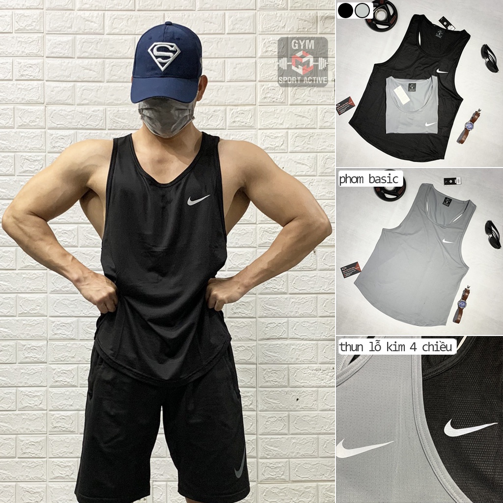 Áo ba lỗ nam thể thao tập gym thoáng mát mau khô Stringer NIke thun poly lỗ kim 4 chiều