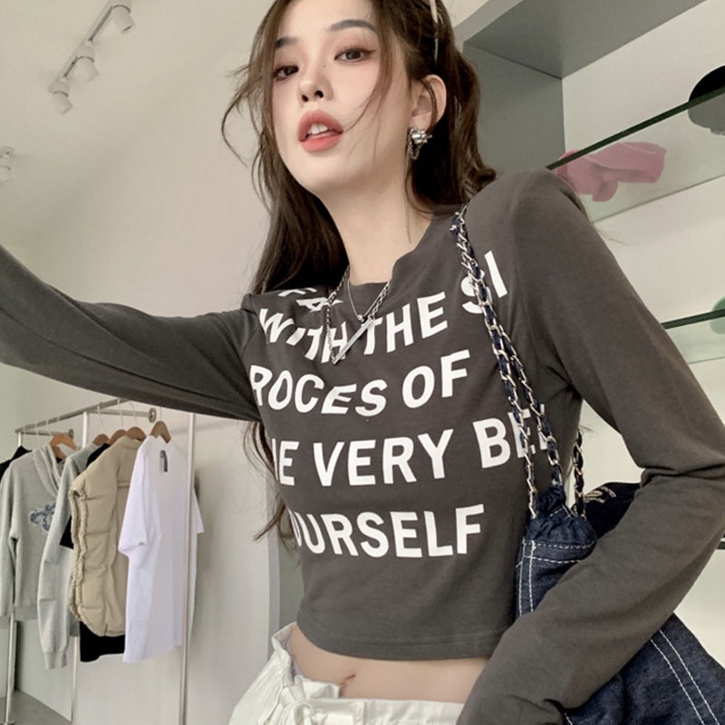 Áo thun XINLANYASHE tay dài cổ tròn in chữ phong cách Hàn Quốc dành cho nữ