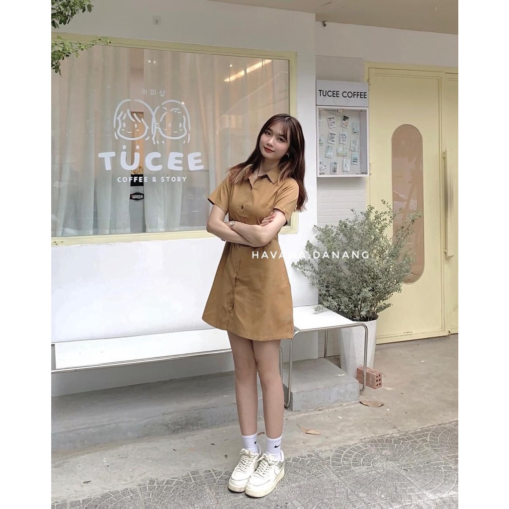 Váy sơ mi cúc gỗ có túi PIKA.CLOTHINGG dáng chữ A có bo chun lưng, Váy polo cổ sơ mi dáng dài chất 2 da thô mềm