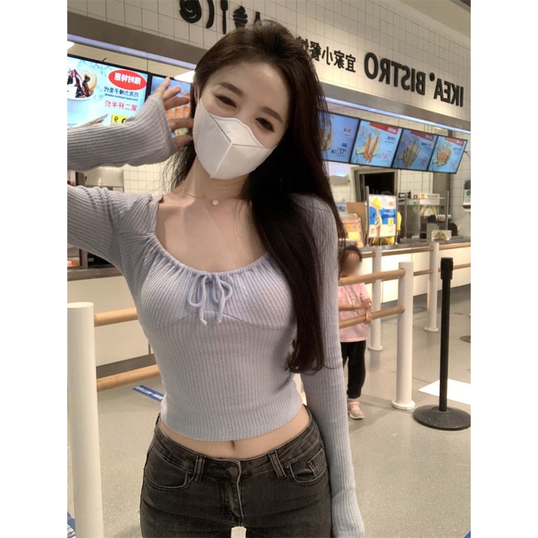 Áo Croptop Cổ Vuông Tay Dài Màu Xanh Dương Ngọt Ngào Thời Trang Mùa Thu Cho Nữ