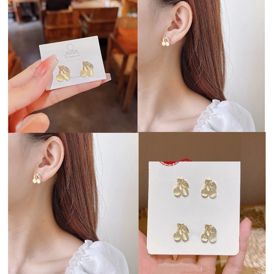 (Mới 2023) Bông tai anh đào cherry phối đá lấp lánh sang trọng tinh tế Tatitava