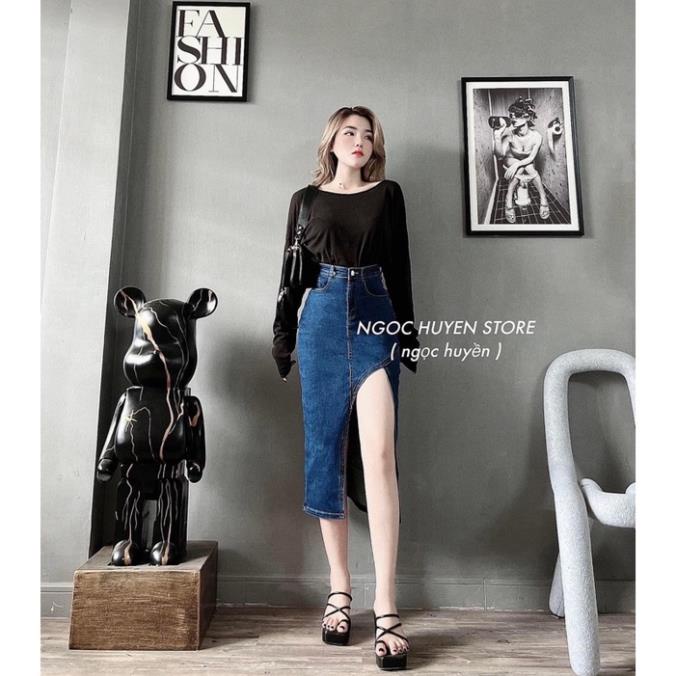 Chân Váy jeans Dài Co Giãn Xẻ Trước, Đính Nút Xịn Đẹp, Đen, Trắng, Xanh