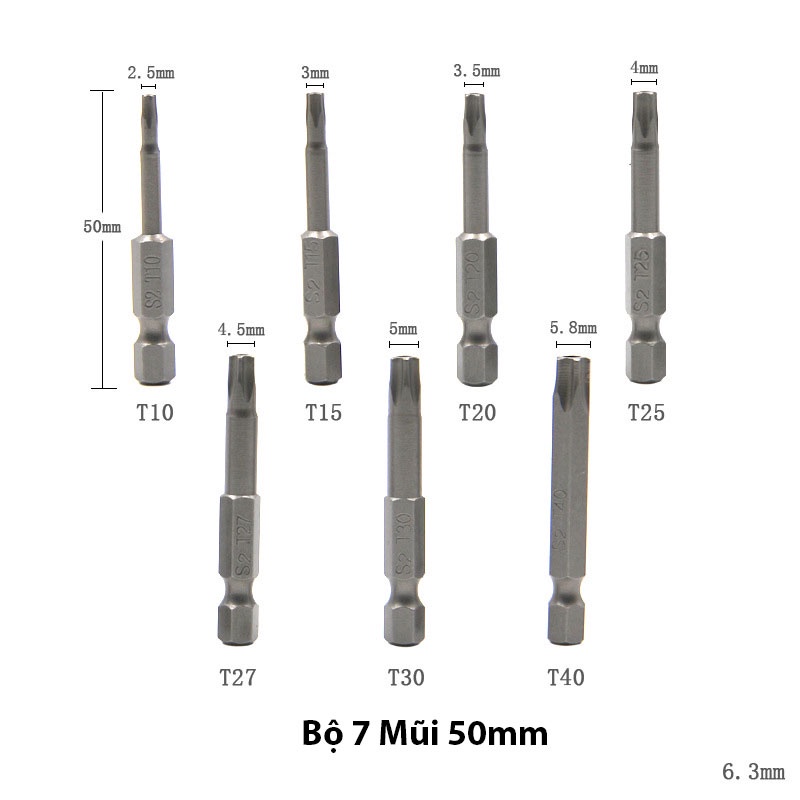 Bộ Mũi Vít Hoa Thị Có Lỗ Dài Từ 50-100-150 Chân Lục Giác Thép s2 Nhiều Kích Thước