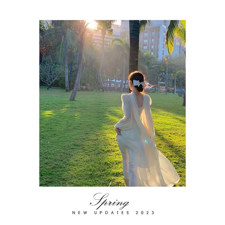 Byyyou Đầm Trắng Dáng Dài Nhấn Eo Tay Phồng Kiểu Pháp Cao Cấp Thời Trang Mùa Xuân