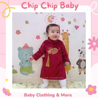 Áo dài nhung bé trai cách tân thêu hình chuột vàng sz 1-5y