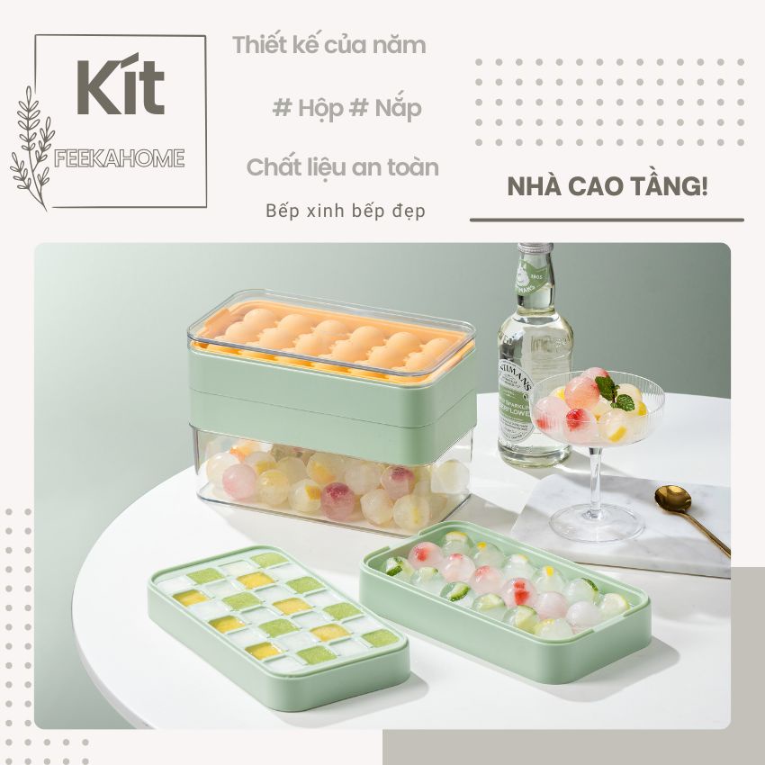 Khay đựng đá tròn có nắp silicon để tủ lạnh xếp chồng có kèm hộp, khay làm đá tròn silicon nhiều tầng FEEKA