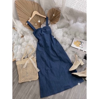 ĐẦM MIDI JEAN DENIM 2 DÂY SUÔNG