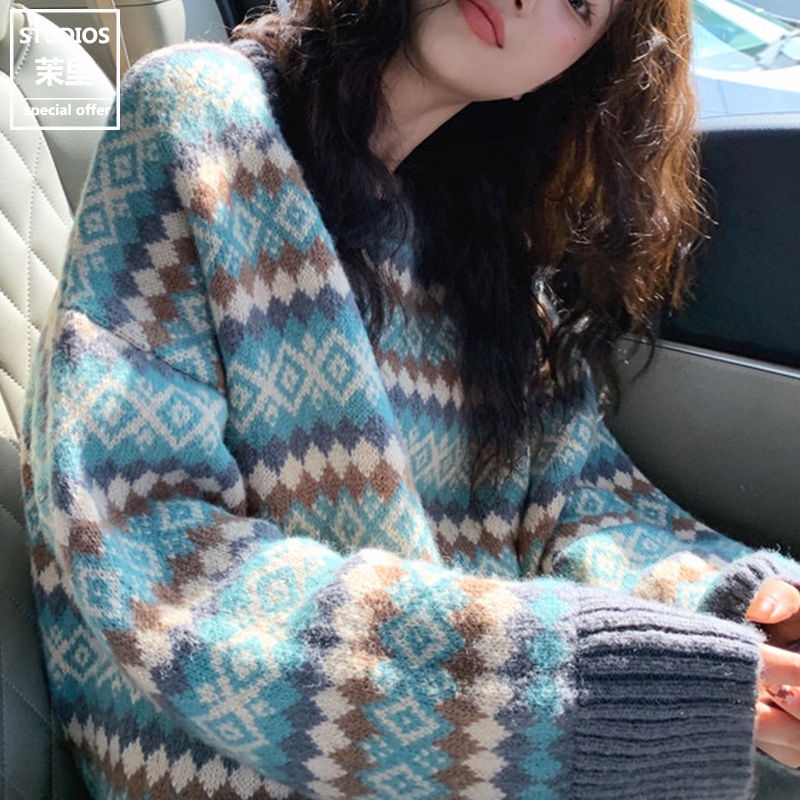 COZOK Áo sweater Tay Dài Họa Tiết Hình Thoi Phong Cách retro Hong Kong Hợp Thời Trang