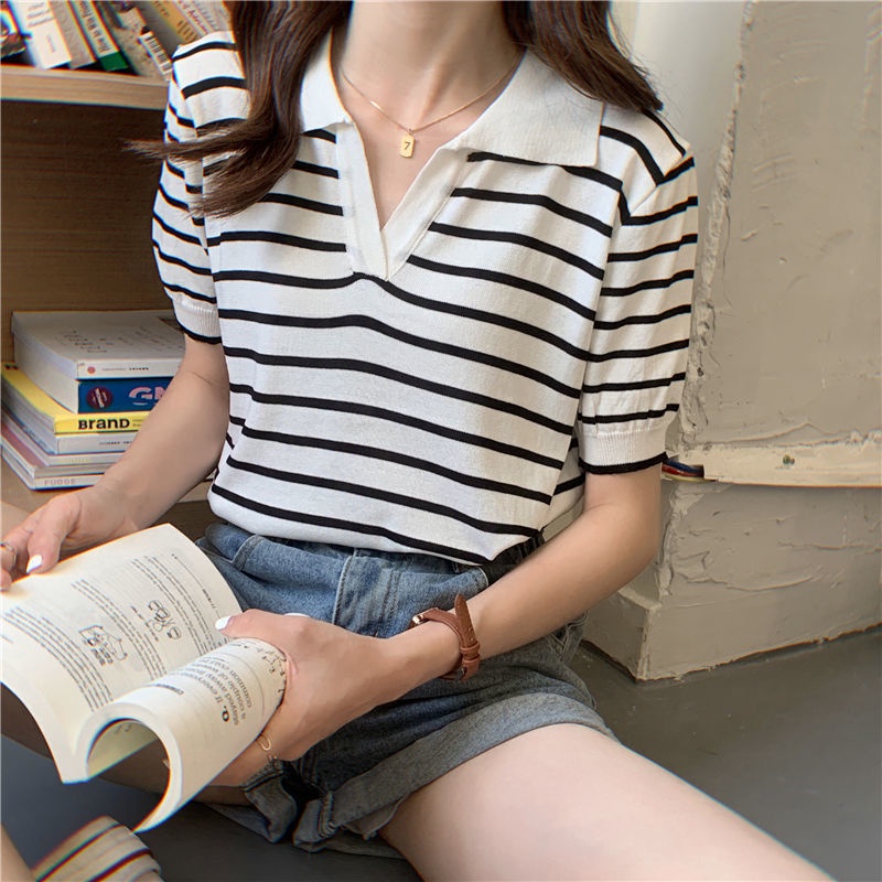 Áo Thun POLO Ngắn Tay Họa Tiết Sọc Ngang Thời Trang Dành Cho Nữ