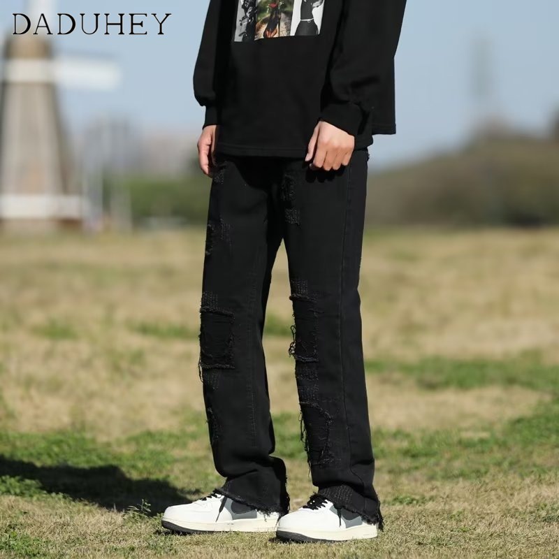 DaDuHey American Style Retro All Matching Ripped Raw Hem Jeans Men's and Women's Casual Fashion Brand High Street Ins Loose Casual Pants