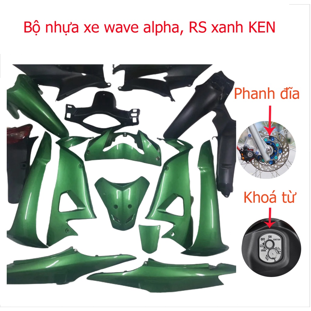 Dàn áo xe Wave RS ,S100 ,Alpha đời mới ,PHANH ĐĨA-KHÓA TỪ nhựa ABS nguyên sinh cao cấp màu XANH HEIN