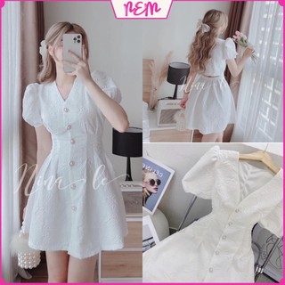 Váy gấm - Đầm gấm hở lưng họa tiết nổi đính cúc ngọc tay bồng cực điệu cho các nàng NEM Store102