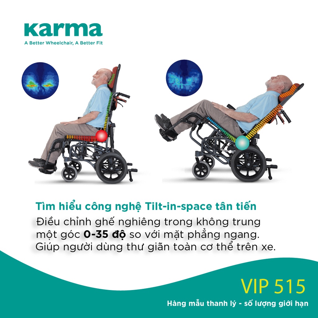 [Chính Hãng KARMA] Xe Lăn VIP 515 Hỗ Trợ Giảm Áp Tối Ưu Ngồi Thoải Mái Tuyệt Đối