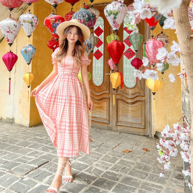 ĐẦM CARO XANH VÀNG HỒNG XẾP LI NGỰC