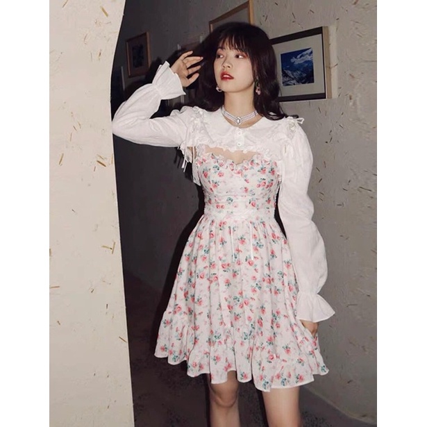 SET ĐẦM MIDI 2S HOA CUTOUT LƯNG TÀ XẺ BÈO KÈM KHOÁC TRẮNG