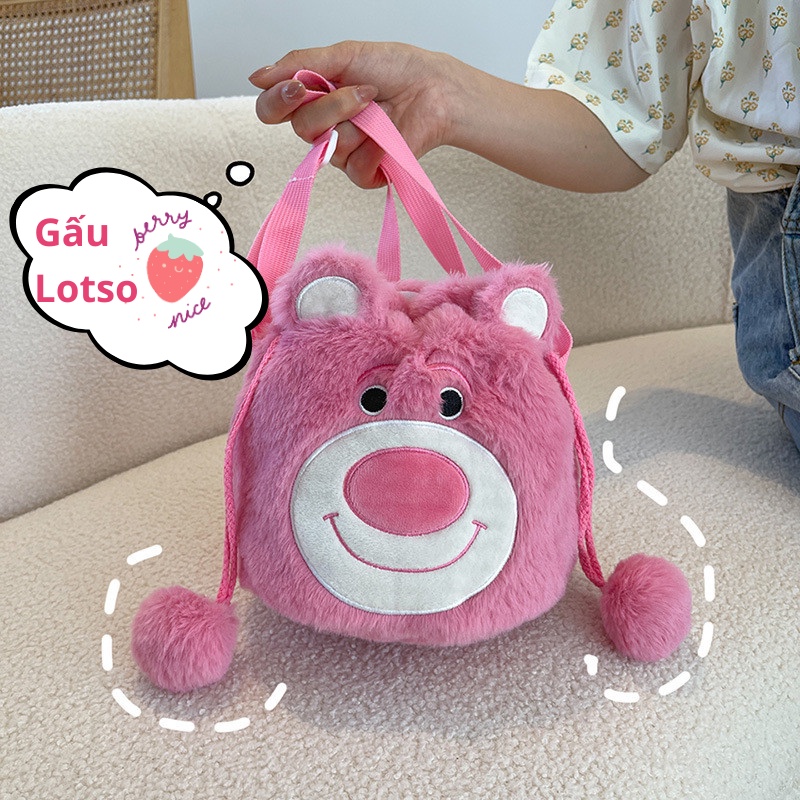 Túi đeo vai dây rút gấu dâu phối lông dễ thương, Túi xách đeo chéo gấu Lotso thời trang năng động _ Ting ting
