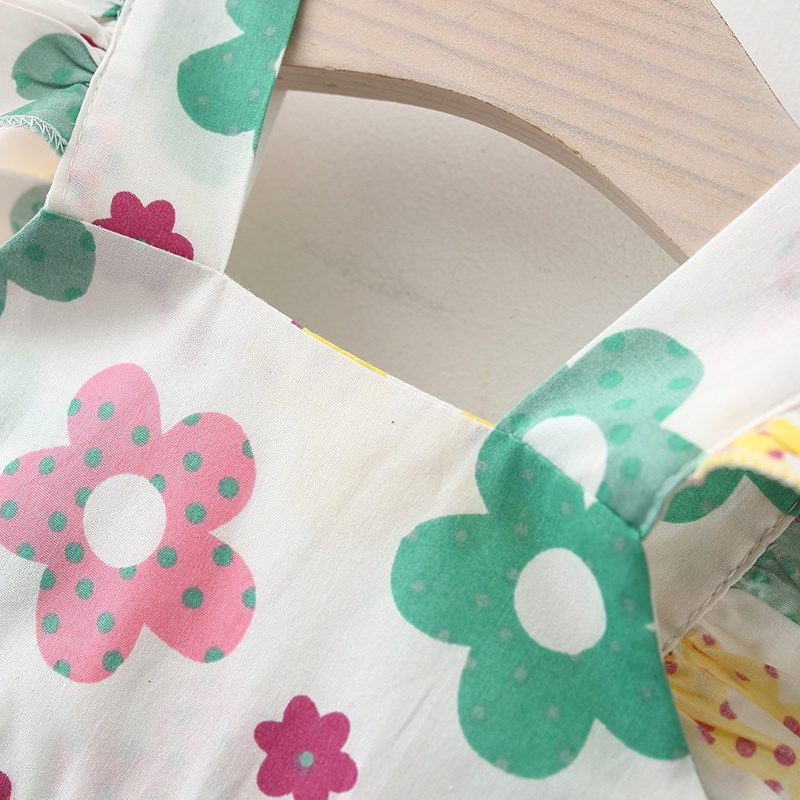 Đầm Cổ Vuông Họa Tiết Hoa Mùa Hè Phong Cách Đồng Quê Mới + Mũ Cho Bé Gái 0-3 Tuổi