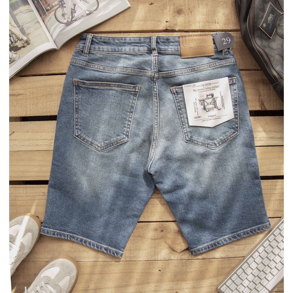 Quần short jean nam LAB+ COTTONLAB quần ngố nam xanh đậm rách cao cấp mã - 2253