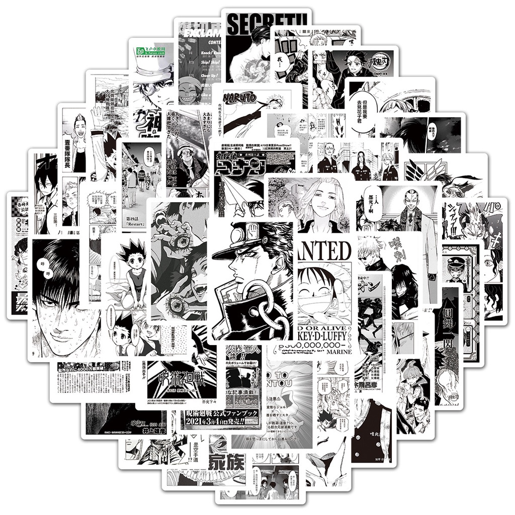 Set 100 Sticker Dán Trang Trí Hình anime Màu Trắng Đen