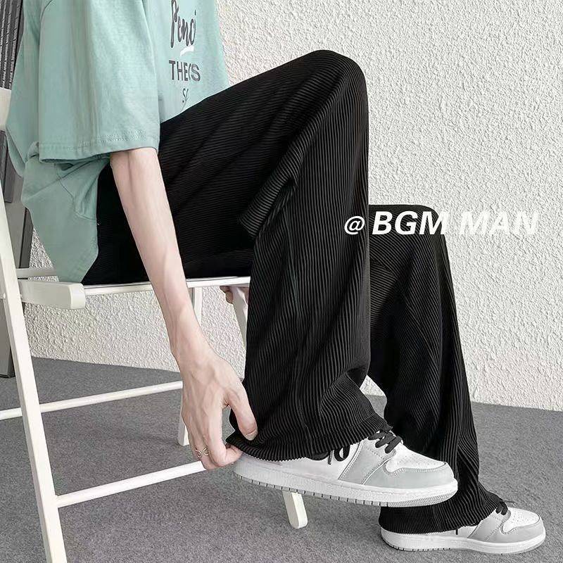 Ice Silk Trousers Men's Summer High-Grade Fried Street Pants Men's Ins Trendy Pleated Sports Style Ice Silk Drooping Wide-Leg Pants Gn0P