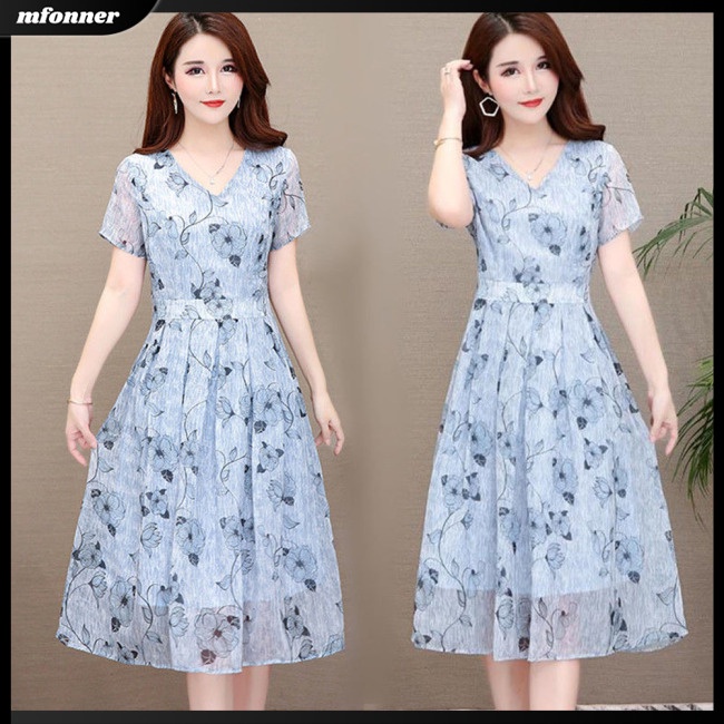 Đầm Dài Tay Ngắn Cổ Chữ V Họa Tiết Hoa Thanh Lịch Cho Nữ