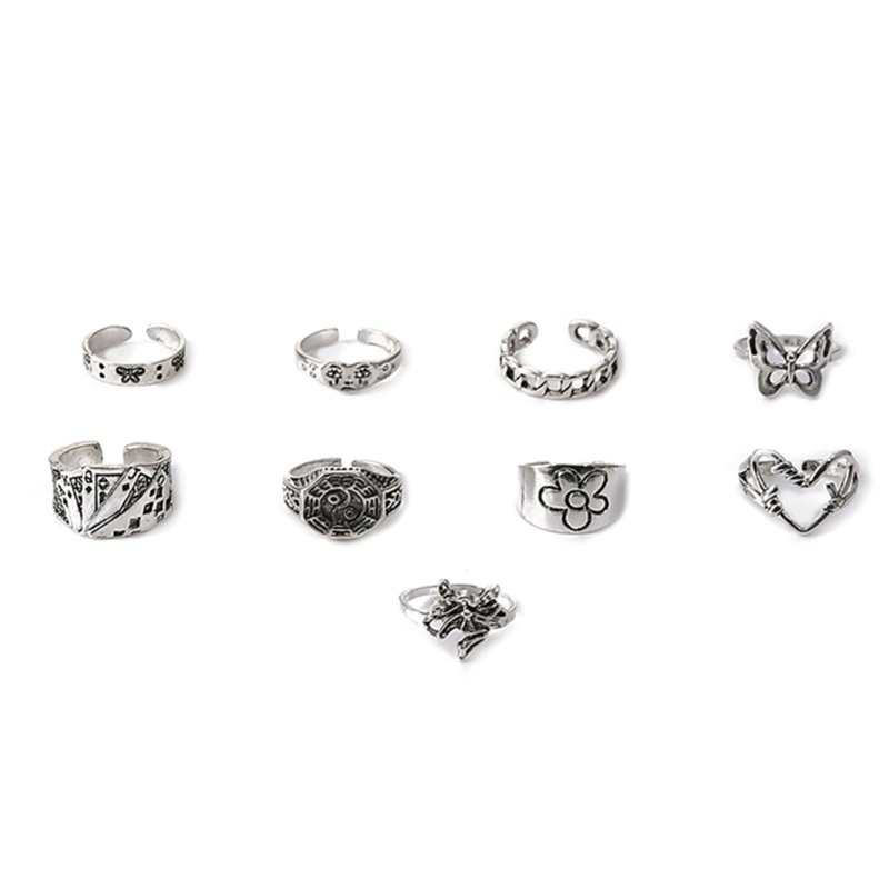 Set 9 Nhẫn Đeo Ngón Tay Họa Tiết Hoa Cúc / Bướm Sáng Tạo Dùng Làm Quà Tặng Sinh Nhật