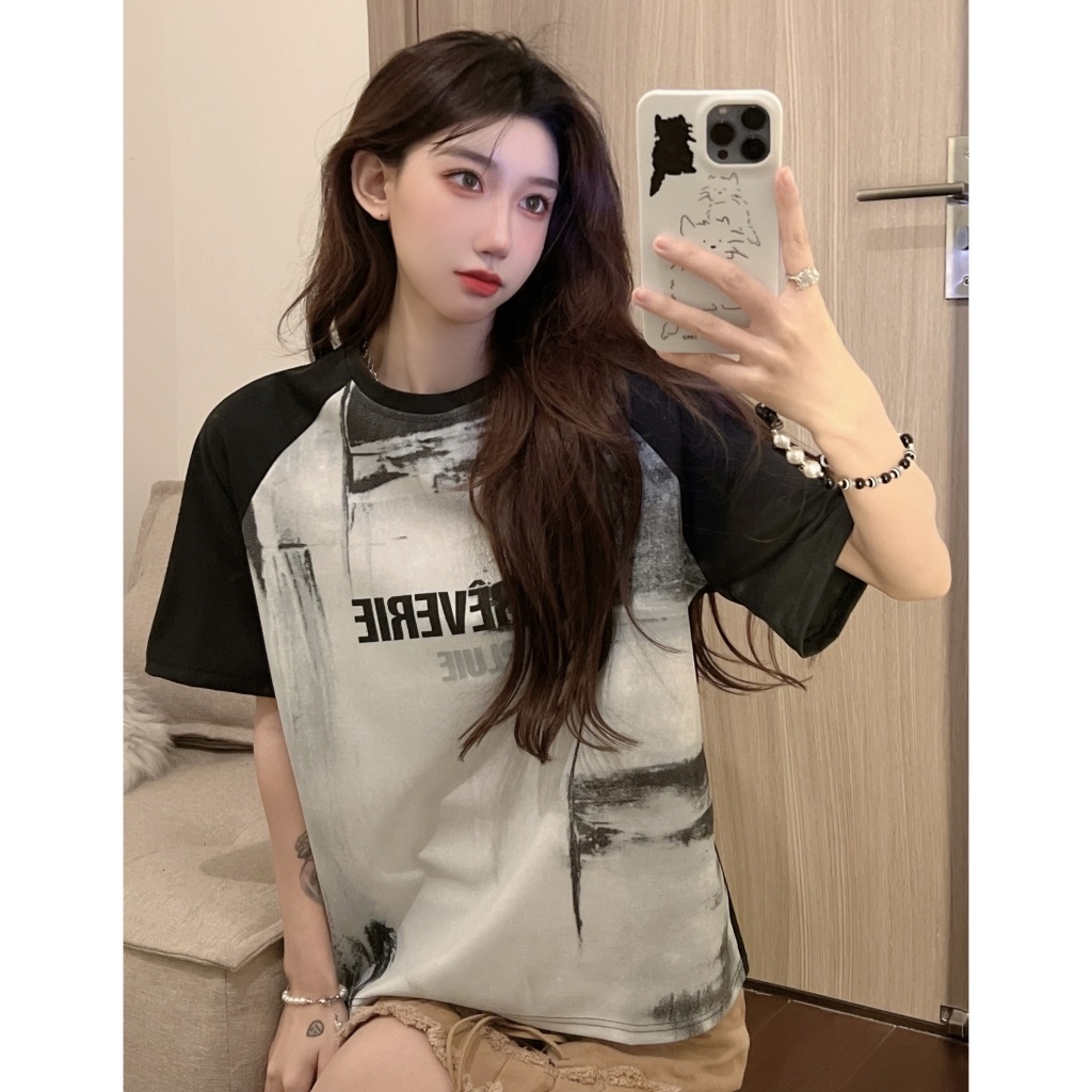 ZHELIHANGFEI Áo Thun Ngắn Tay Dáng Rộng In Họa Tiết Kiểu Retro Đường Phố Mỹ Cá Tính