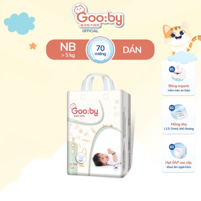 Tã/bỉm dán Gooby mềm mại, an toàn, siêu thấm hút Size NB/S/M cho bé từ 4kg - 14Kg