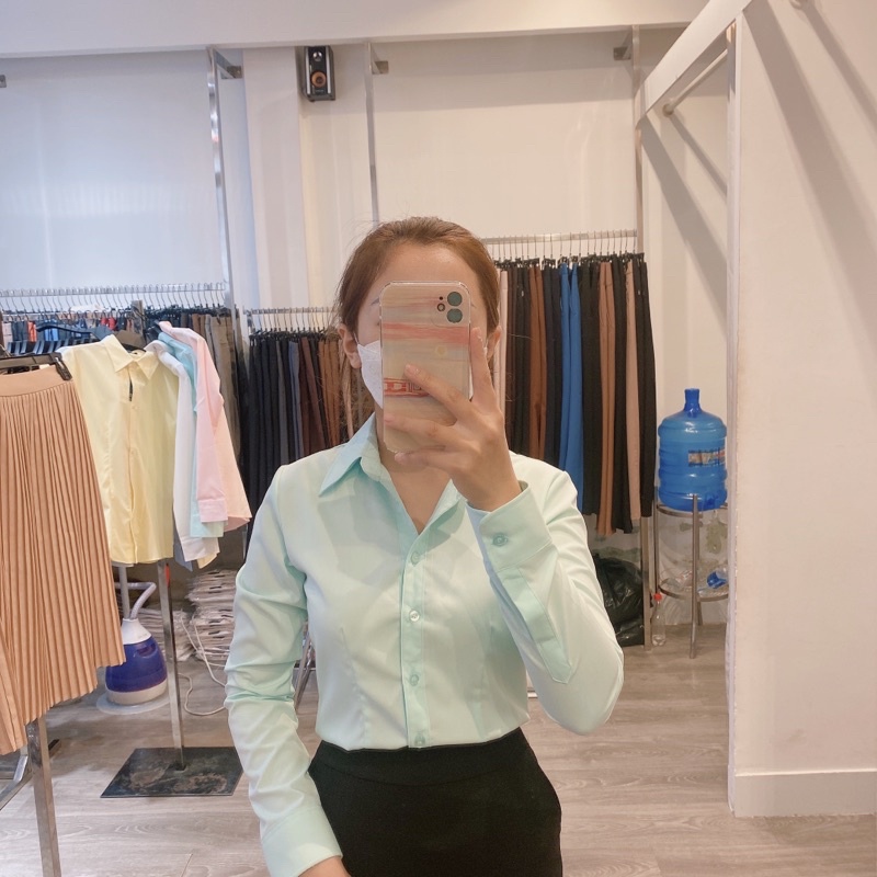 Áo sơ mi nữ công sở tay dài màu xanh ngọc vải kate cao cấp, không xù, không nhăn, from chuẩn tôn dáng