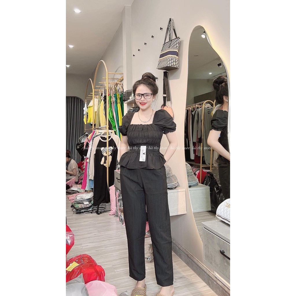 [3.3 Sales Freeship] Set bộ đũi áo cổ vuông nhún ngực tay phồng quần dài ống đứng, set đũi trơn nhiều màu trẻ trung mtb