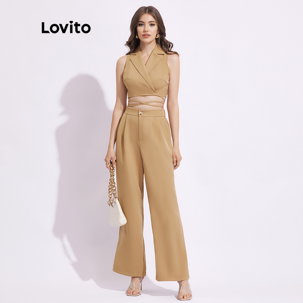 Lovito Bộ Quần Áo Màu Khaki Phối Nút Thắt Sau Lưng Thanh Lịch Cho Nữ L41LD031