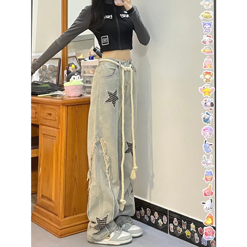 Hong Kong style vintage star pattern jeans women's spring new spicy girls high waist loose thin hemp rope straight trousers