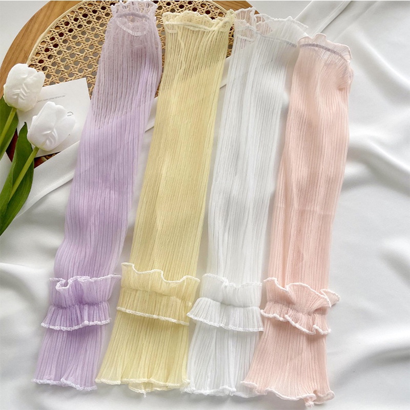 Găng Tay Chống Nắng Bằng Lụa Lạnh Phối Ren Mềm Mại Co Giãn Tốt Chống Bụi Chống Tia Uv Thời Trang Cho Nữ