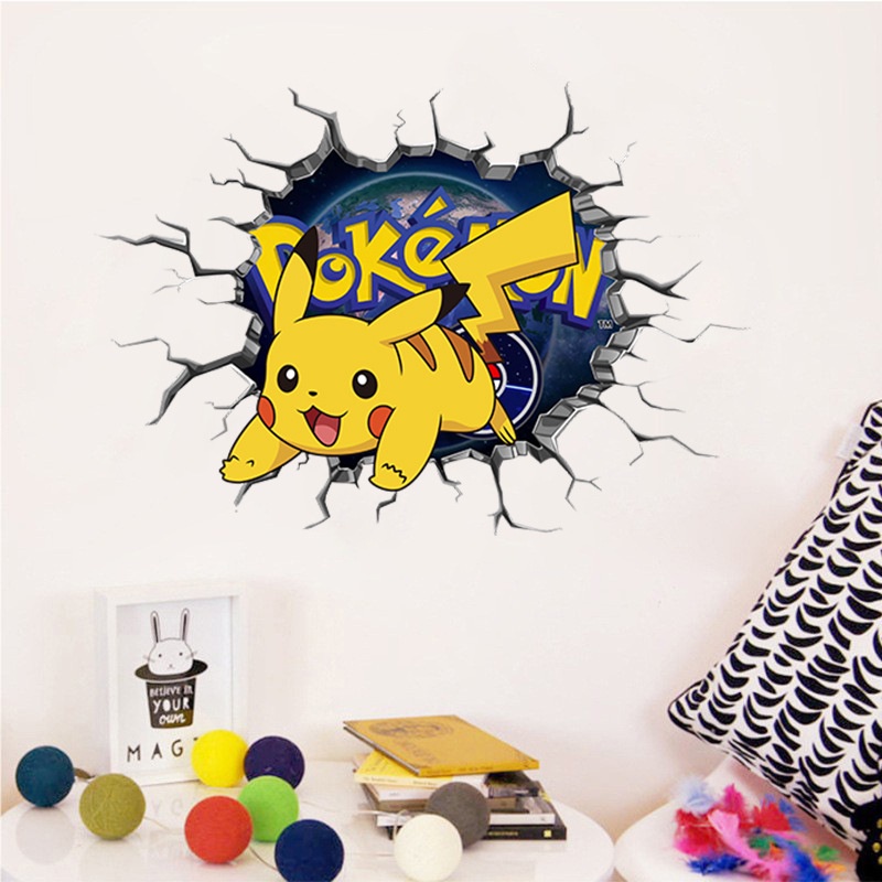 Sticker Dán Tường Tự Dính Bằng Pvc Hình Pikachu Hoạt Hình Trang Trí Phòng Ngủ Cho Bé Trai