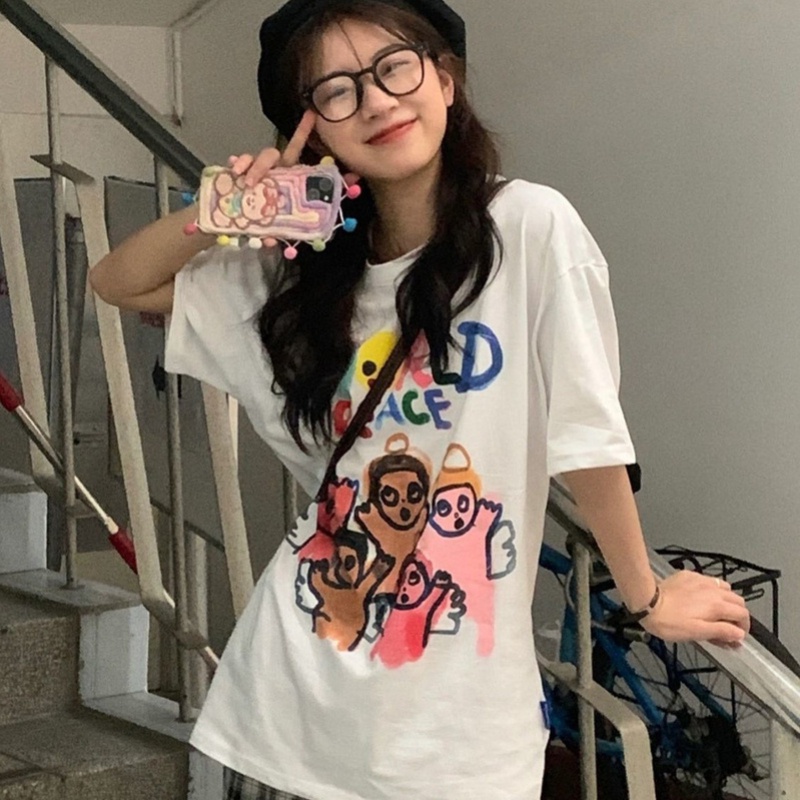 COZOK Áo Thun Tay Ngắn Dáng Rộng In Họa Tiết Graffiti Thời Trang