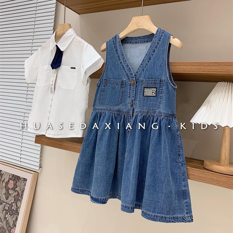 Bộ Áo Sơ Mi Tay Ngắn Phối Chân Váy Yếm Denim Kiểu Phương Tây Thời Trang Mùa Hè 2023 Cho Bé Gái