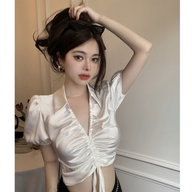 Áo Croptop Tay Phồng Cổ Chữ V Quyến Rũ Thời Trang Cho Nữ