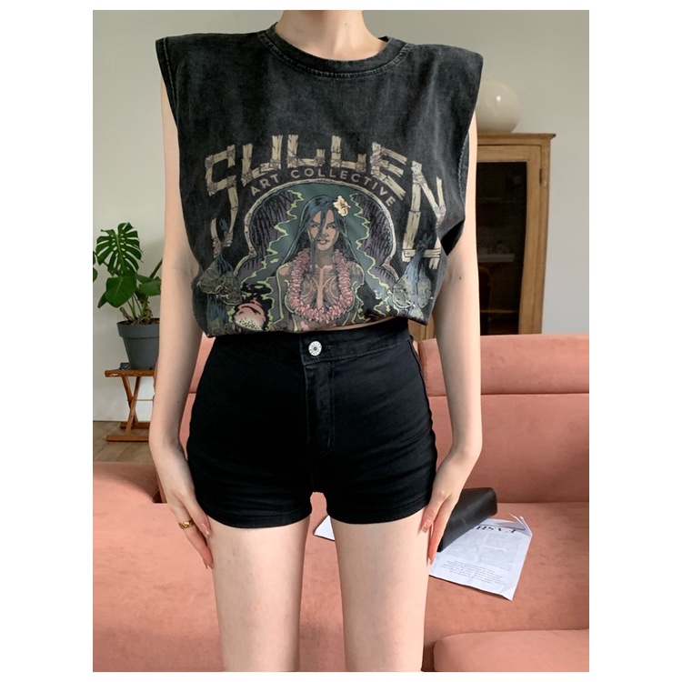 Áo Thun Đen Sát Nách Dáng Rộng Phong Cách vintage Mỹ Cá Tính Cho Nữ