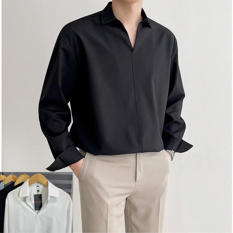 Áo Sơ Mi nam đen form rộng cổ bẻ V cao cấp, công sở vải lụa không nhăn màu xanh ghi dÁng trẻ Hàn Quốc DT Limited