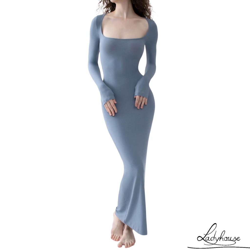 Đầm Ôm Dài Tay Cổ Vuông Màu Sắc Thời Trang Cho Nữ