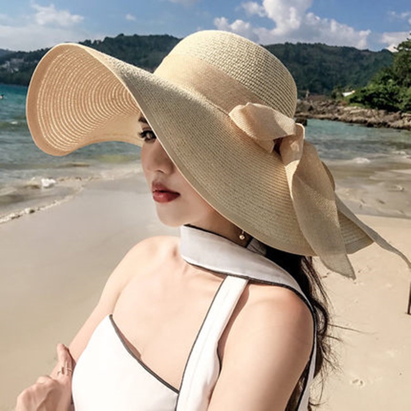 Nón cói đi biển vành rộng chống nắng có viên nơ siêu xinh 55x60 cm