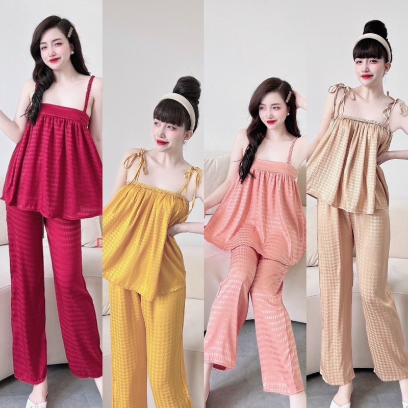 Set Bộ Gấm Xước Ánh Kim Áo Dây Thắt Tít Babydoll Quần Ống Rộng. Freesize 40-60kg ảnh thật