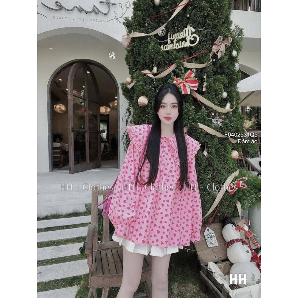 Áo kiểu babydoll họa tiết cổ bèo tay dài hàng QC