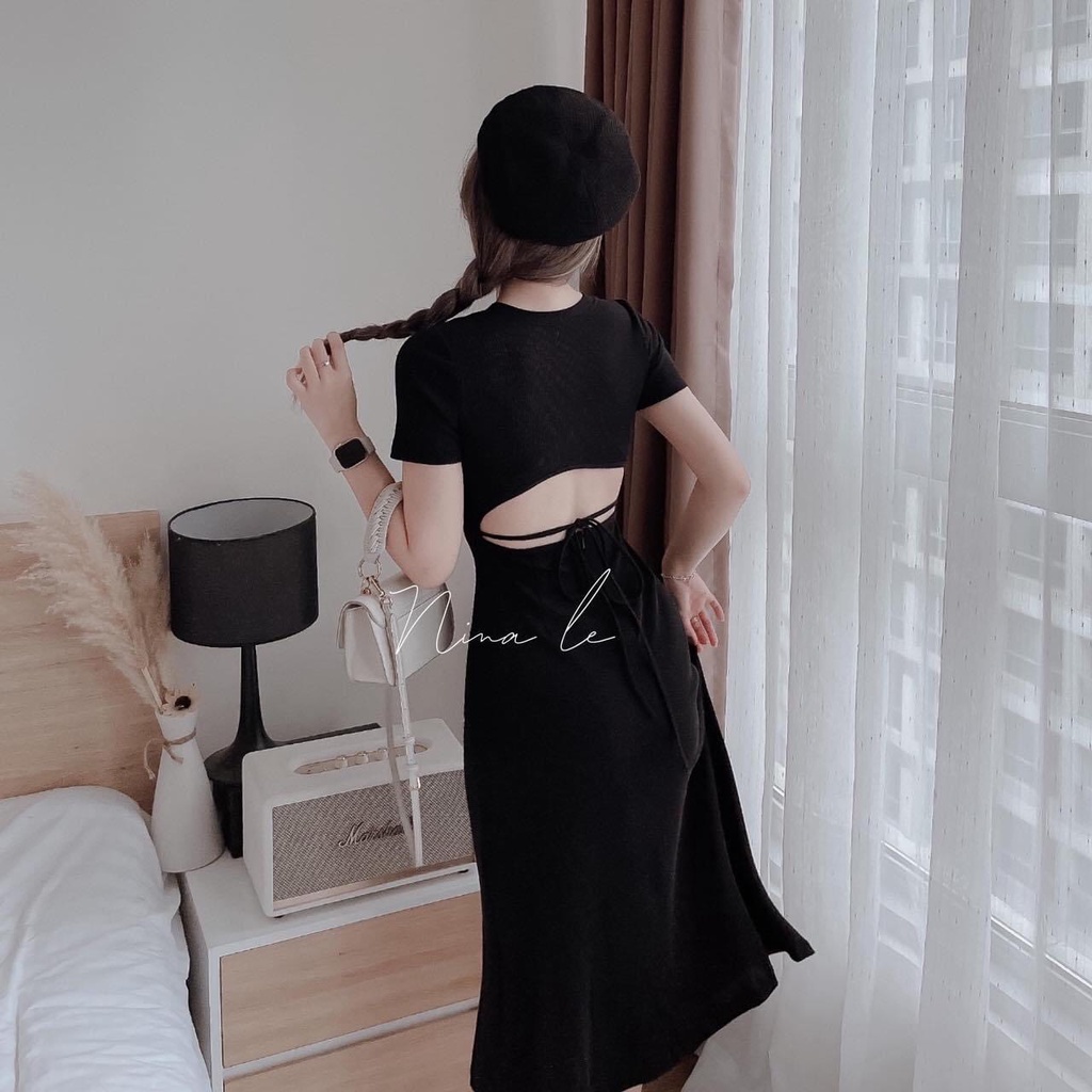 [3.3 Sales Freeship] Đầm thun trơn cổ tròn dáng dài hở lưng cột dây, đầm thun basic tay ngắn nhiều màu sắc đơn giản mtb