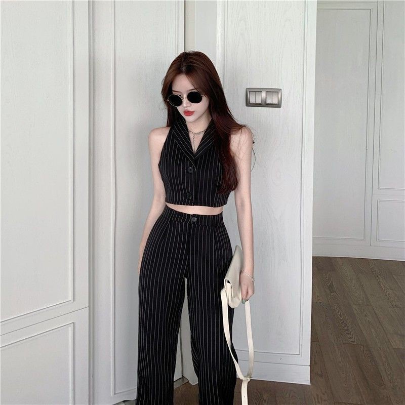 Set áo sơ mi croptop+ quần cạp cao ống suông kẻ sọc - Hàng Quảng Châu